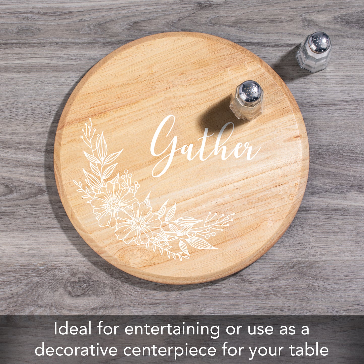 CounterArt Floral Gather Wood Lazy Susan Turntable 14" Diameter for Serving Kitchen Organization Condiment Caddy
