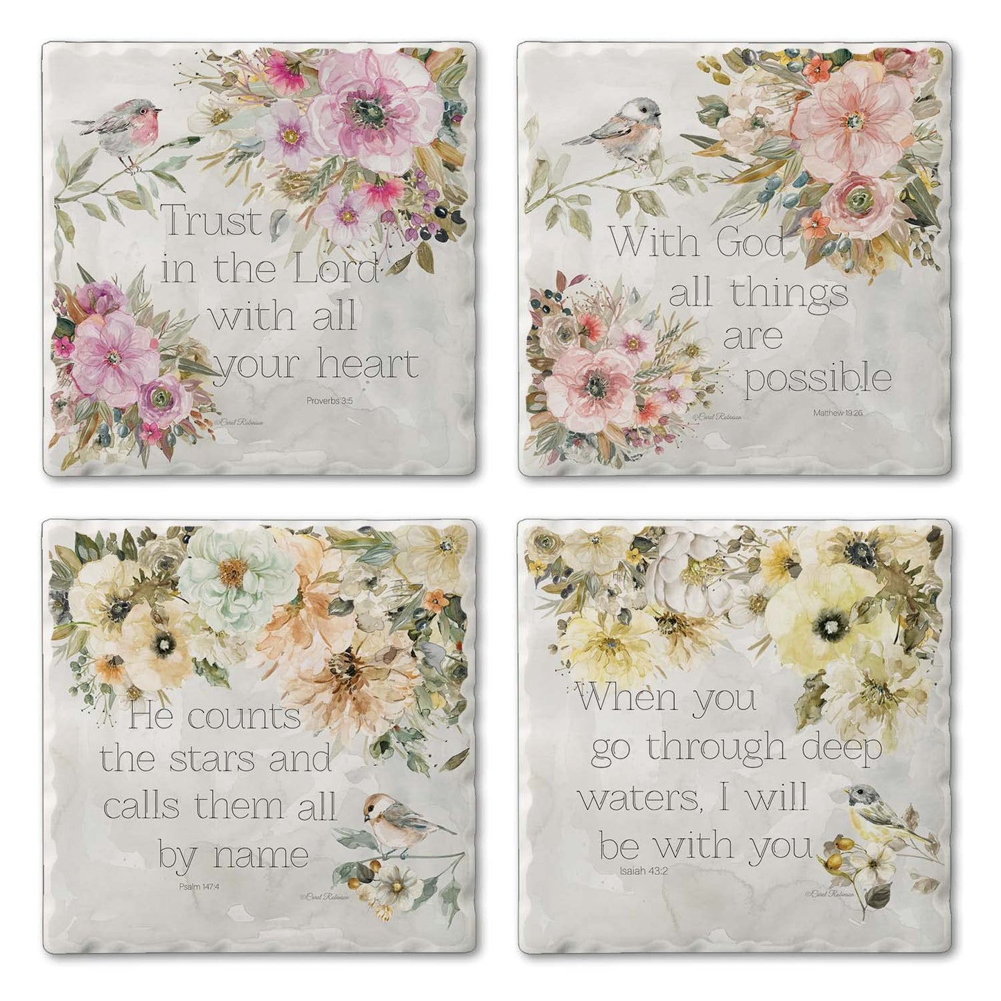 Thirstystone Floral Scriptures 4 Pack Assorted Tumbled Tile Stone Coasters 4" Square