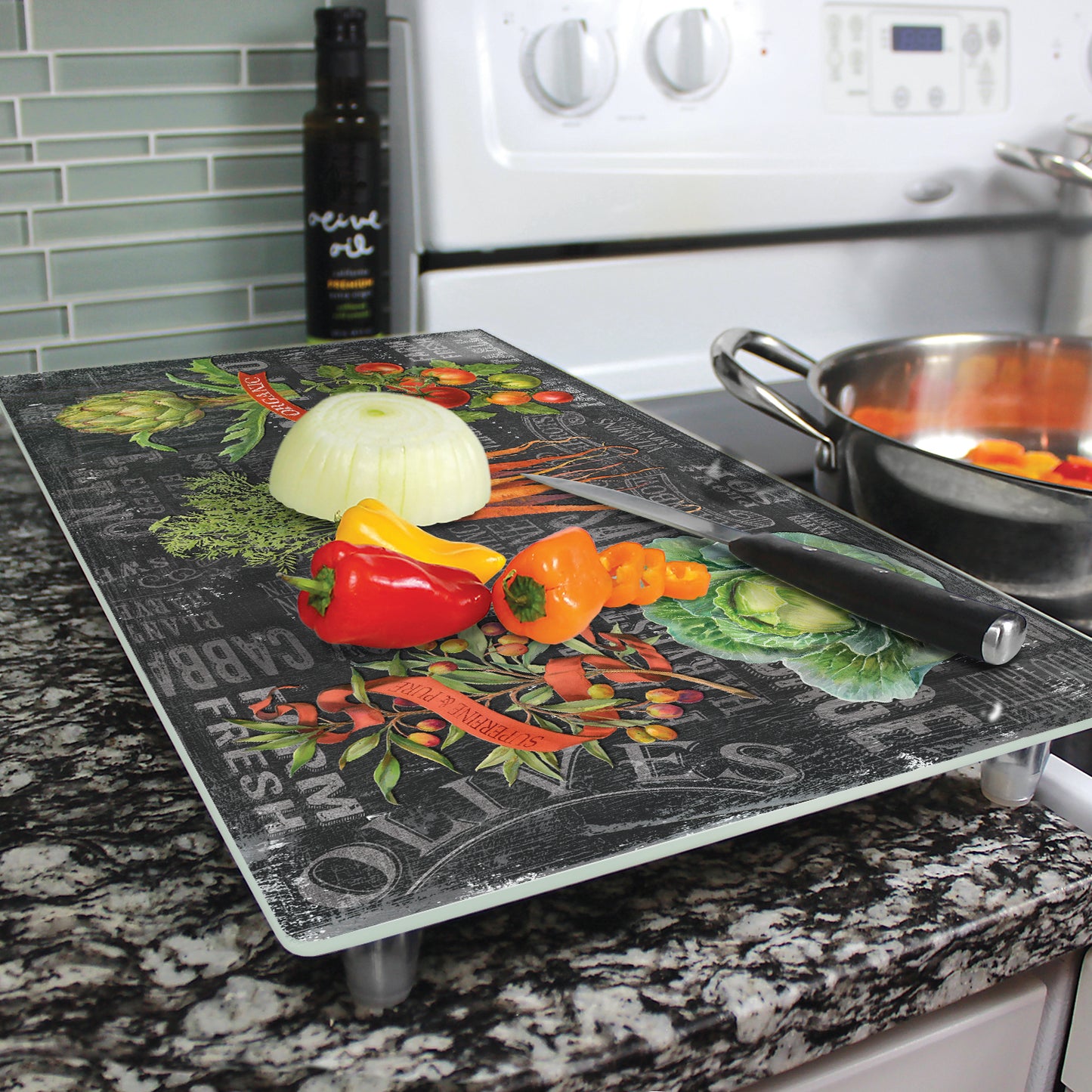 CounterArt Chalkboard Veggies Quartz 5mm Heat Tolerant Tempered Glass Cutting Board 20.5” x 11.75” Manufactured in the USA Dishwasher Safe