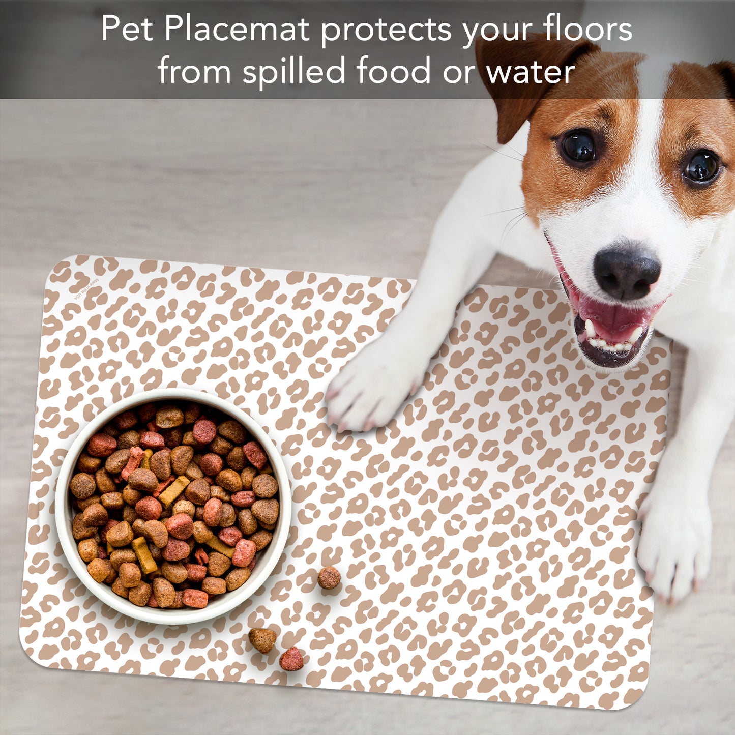 CounterArt Leopard Easy Care Waterproof Pet Feeding Mat 17.13” x 11.25” Made in The USA of BPA Free Plastic, Safe for Pets, Protects Floors from Scratches Stains & Spills