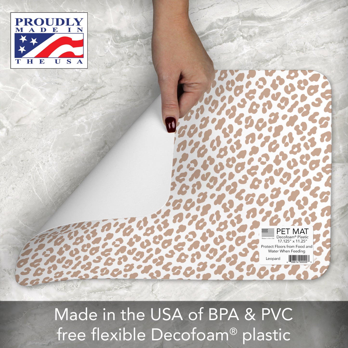 CounterArt Leopard Easy Care Waterproof Pet Feeding Mat 17.13” x 11.25” Made in The USA of BPA Free Plastic, Safe for Pets, Protects Floors from Scratches Stains & Spills