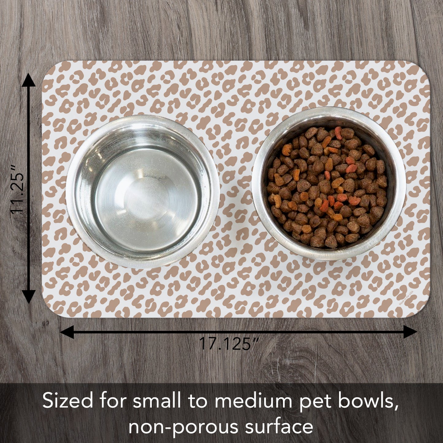 CounterArt Leopard Easy Care Waterproof Pet Feeding Mat 17.13” x 11.25” Made in The USA of BPA Free Plastic, Safe for Pets, Protects Floors from Scratches Stains & Spills