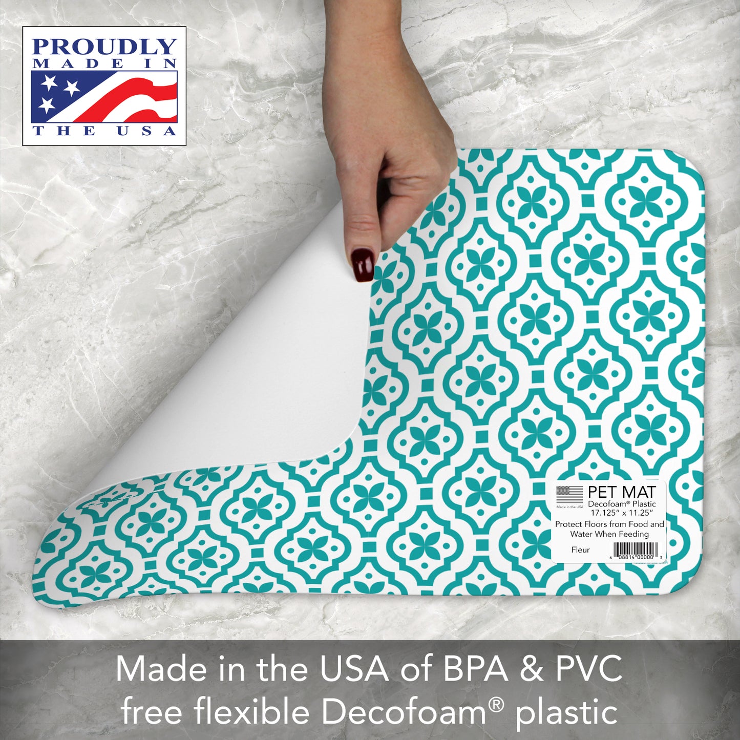 CounterArt Fleur Easy Easy Care Waterproof Pet Feeding Mat 17.13” x 11.25” Made in The USA of BPA Free Plastic, Safe for Pets, Protects Floors from Scratches Stains & Spills
