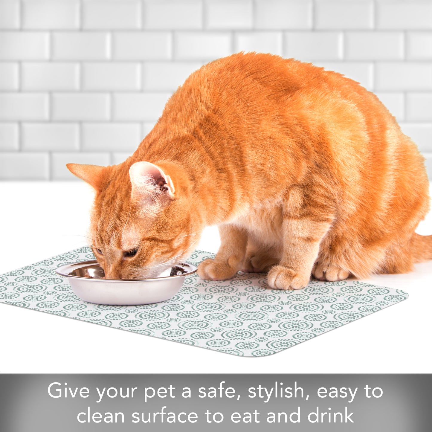 CounterArt Dots & Circles Easy Care Waterproof Pet Feeding Mat 17.13” x 11.25” Made in The USA of BPA Free Plastic, Safe for Pets, Protects Floors from Scratches Stains & Spills