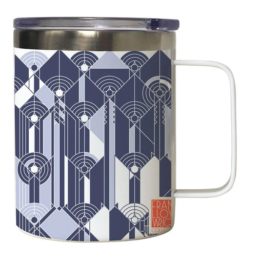 Frank Lloyd Wright's April Showers Design on Stainless Steel Mug with Lid 12 oz. Manufactured in the USA