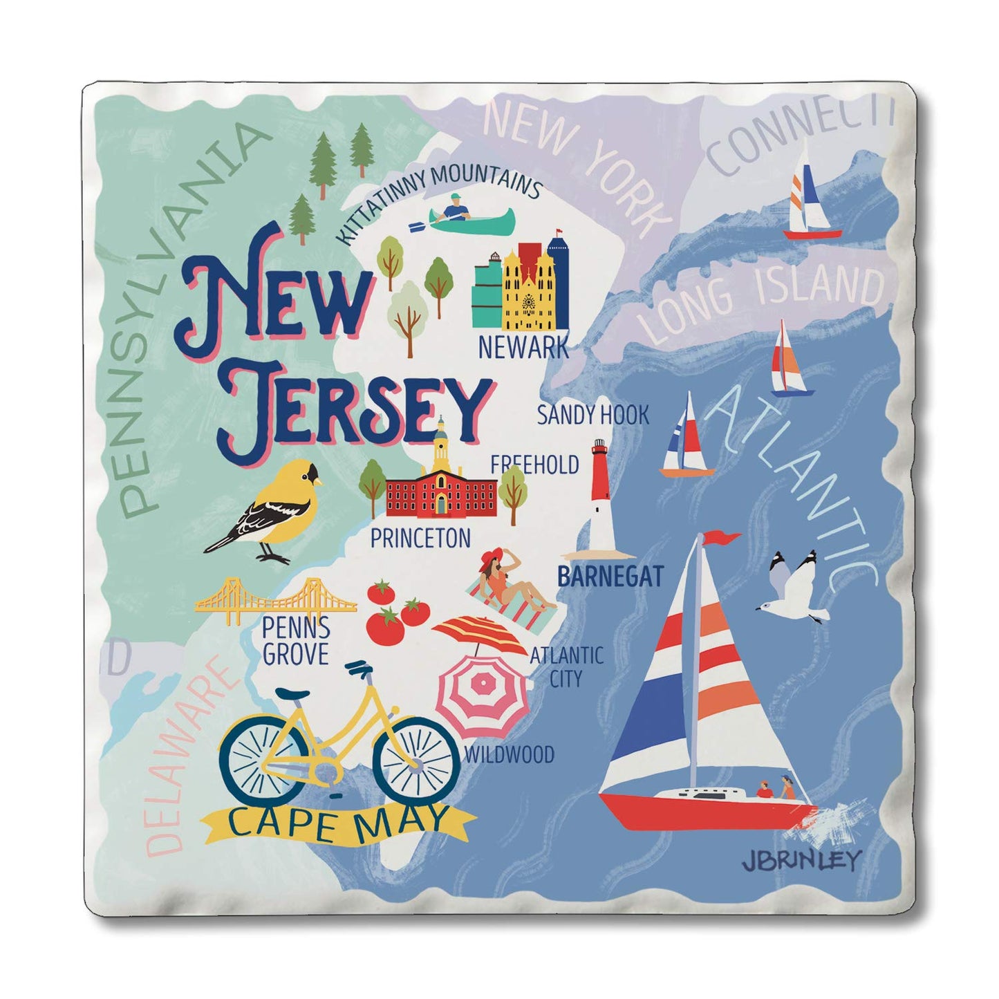 Thirstystone New Jersey Attractions 4 Pack Tumbled Tile Stone Coasters 4” Square Manufactured in the USA