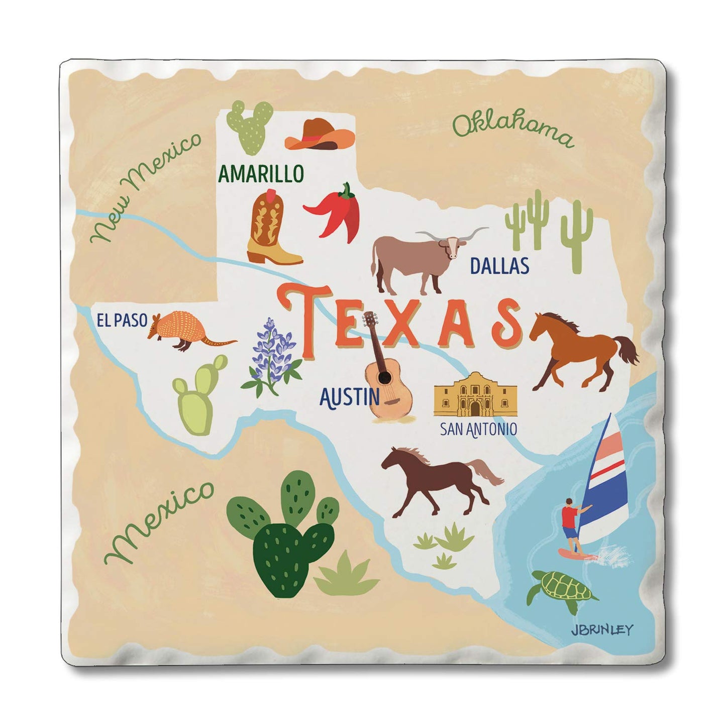 Thirstystone Texas State Attractions 4 Pack Tumbled Tile Stone Coasters 4" Square Manufactured in the USA