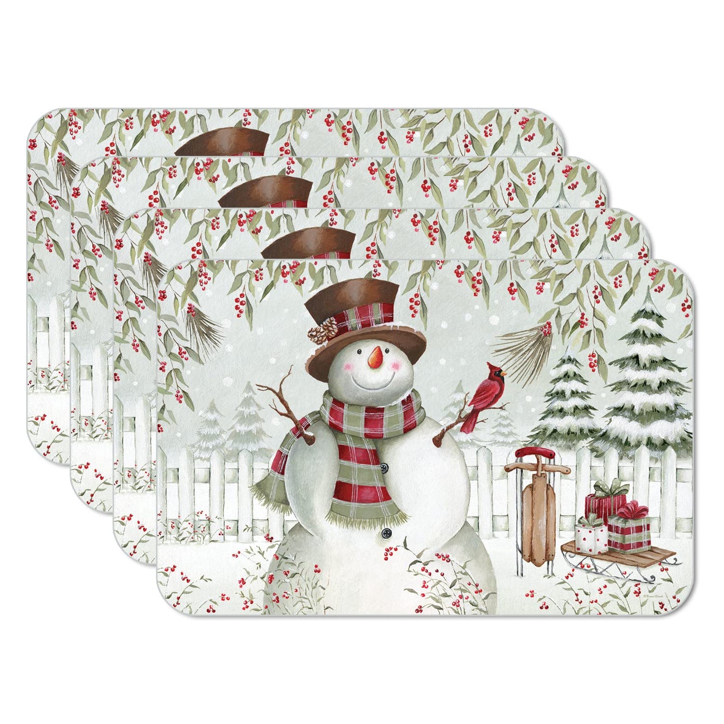 CounterArt Brown Hat Snowman 4 Pack Reversible Easy Care Placemats Made in the USA