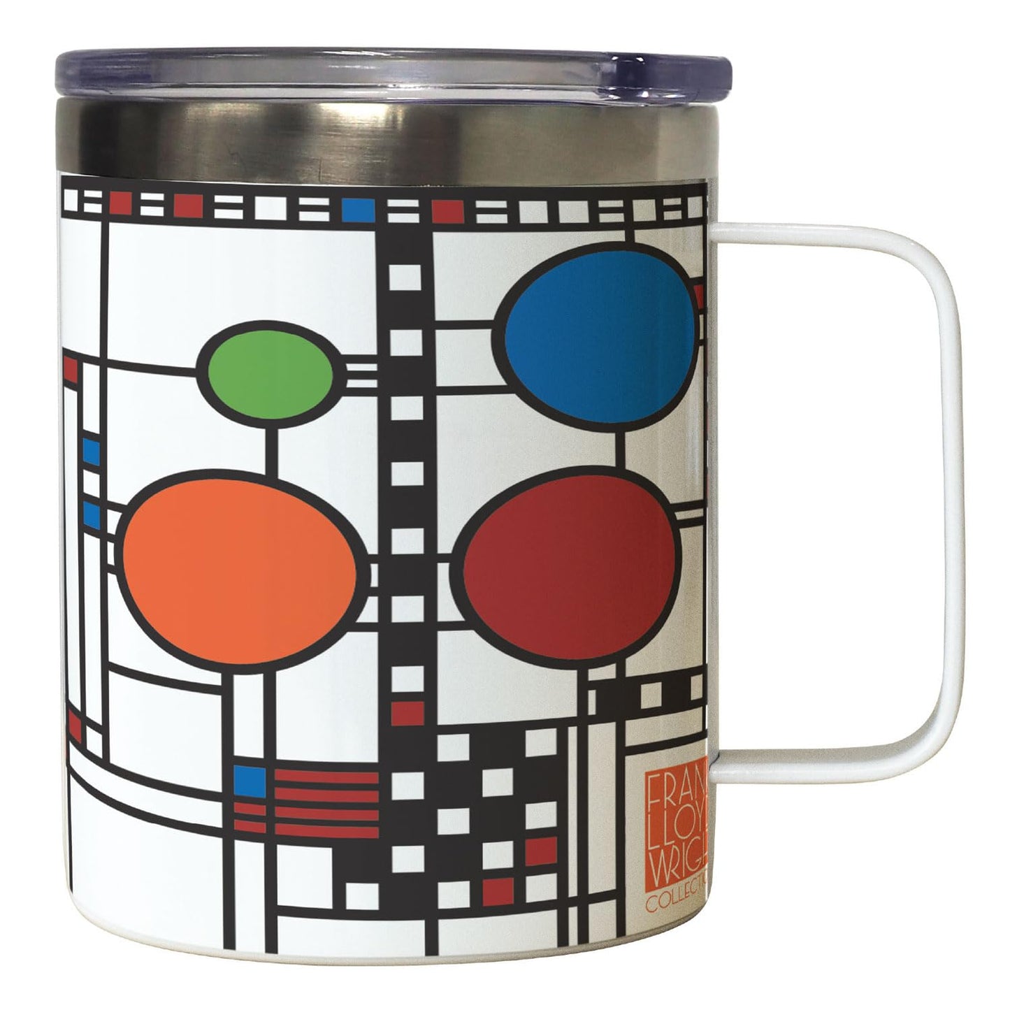 Highland Home Coonley Playhouse Window Design by Frank Lloyd Wright on Stainless Steel Mug with Lid 12 oz. Manufactured in the USA
