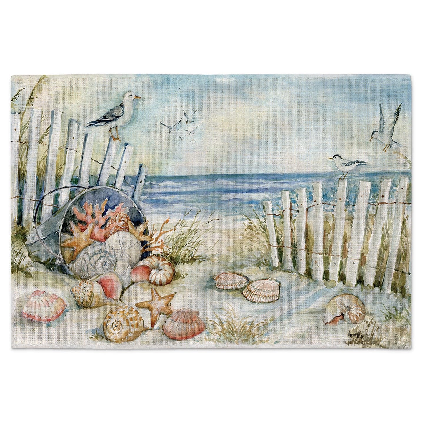 Highland Home Coastal Sanctuary 4 Pack Poly-Cotton Blend Fabric Placemats 18" x 12" Manufactured in The USA