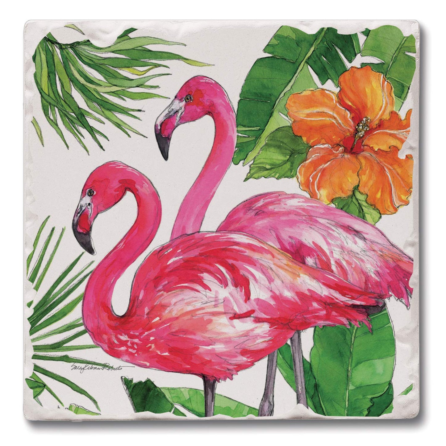 Thirstystone Tropical Flamingo Pair 4 Pack Tumbled Tile Stone Coasters 4" Square Manufactured in the USA