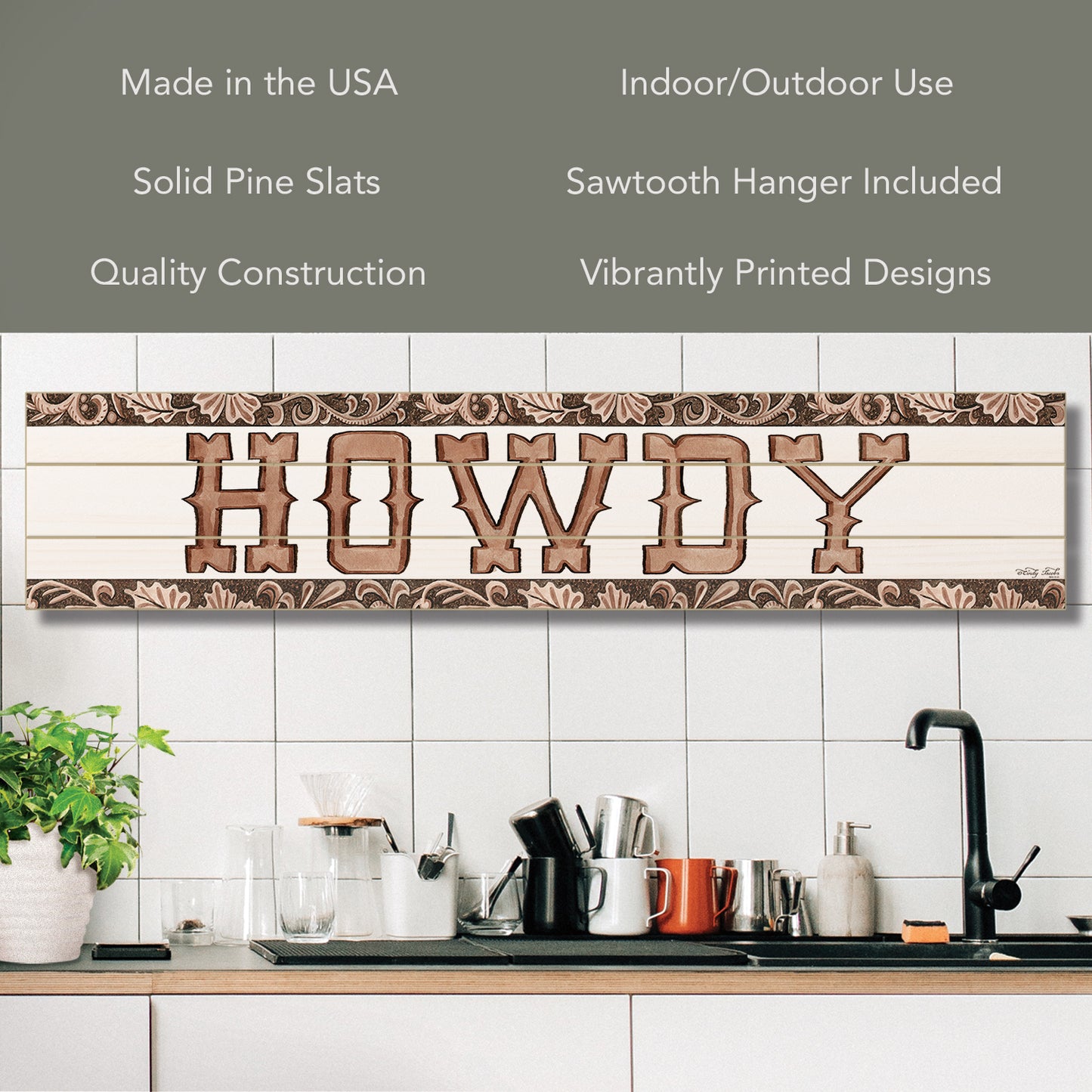 Highland Home Howdy Vertical Decorative Indoor/Outdoor Pallet Wood Sign 36" by 7.5" Made in the USA