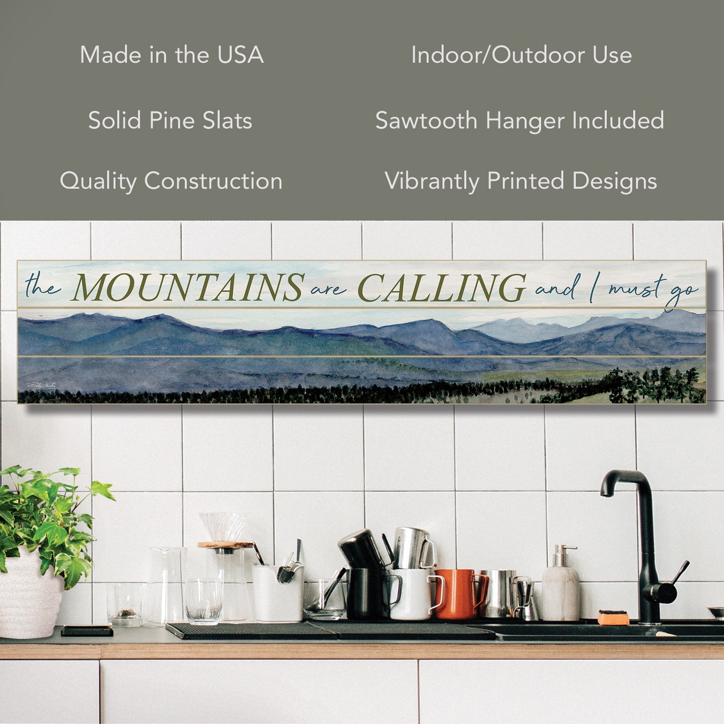 Highland Home Mountains Calling Horizontal Decorative Indoor/Outdoor Pallet Wood Sign 36" by 7.5" Made in the USA