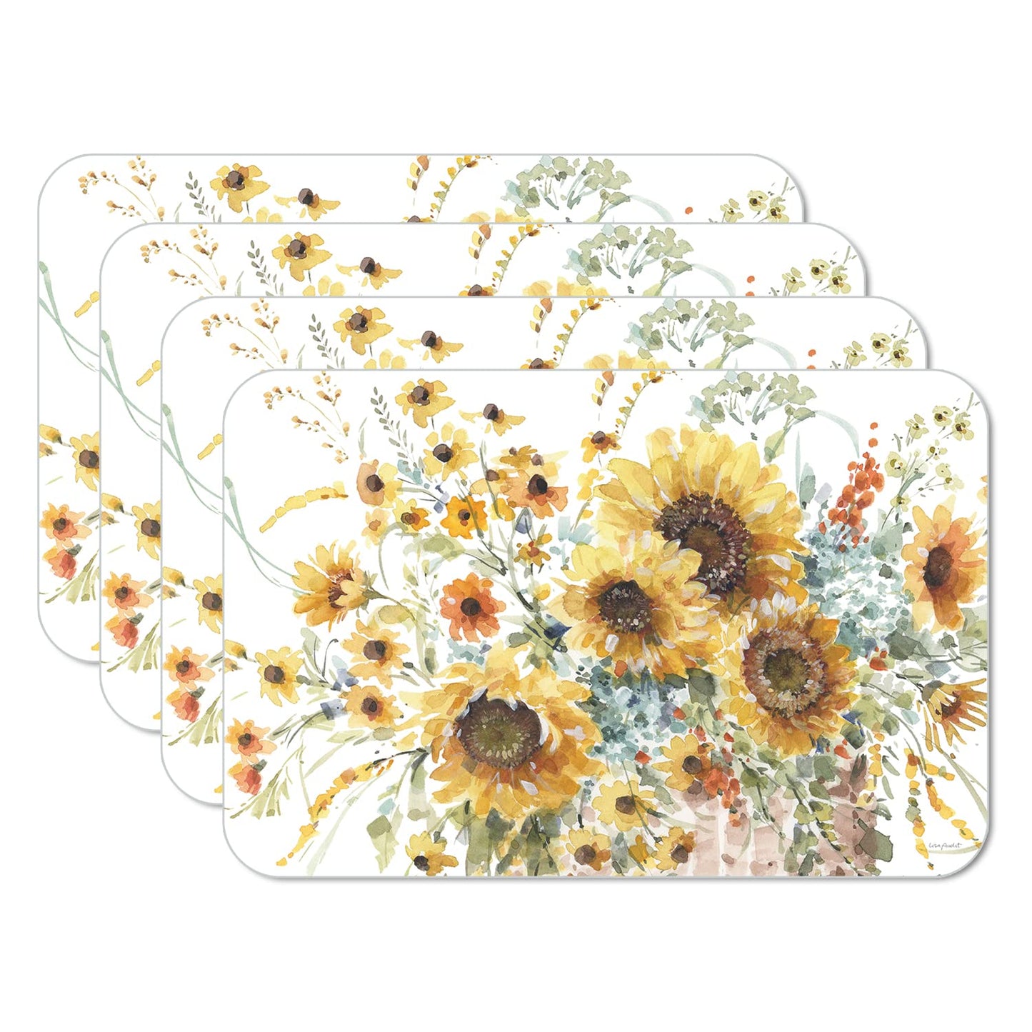CounterArt Sunflowers Forever 4 Pack Reversible Easy Care Flexible Placemats Made in the USA
