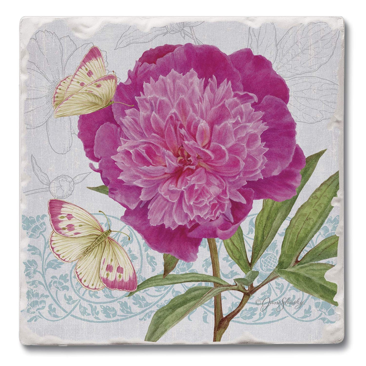 Thirstystone Botanical Peony Single Tumbled Tile Stone Coaster with Protective Cork Backing Manufactured in The USA 4" Square, Artistic, Easily Wipes Clean