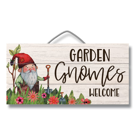 Garden Gnomes Decorative Slatted Pallet Wood Sign 12" by 6" Made in the USA Wire Hanger Doubles as an Easel