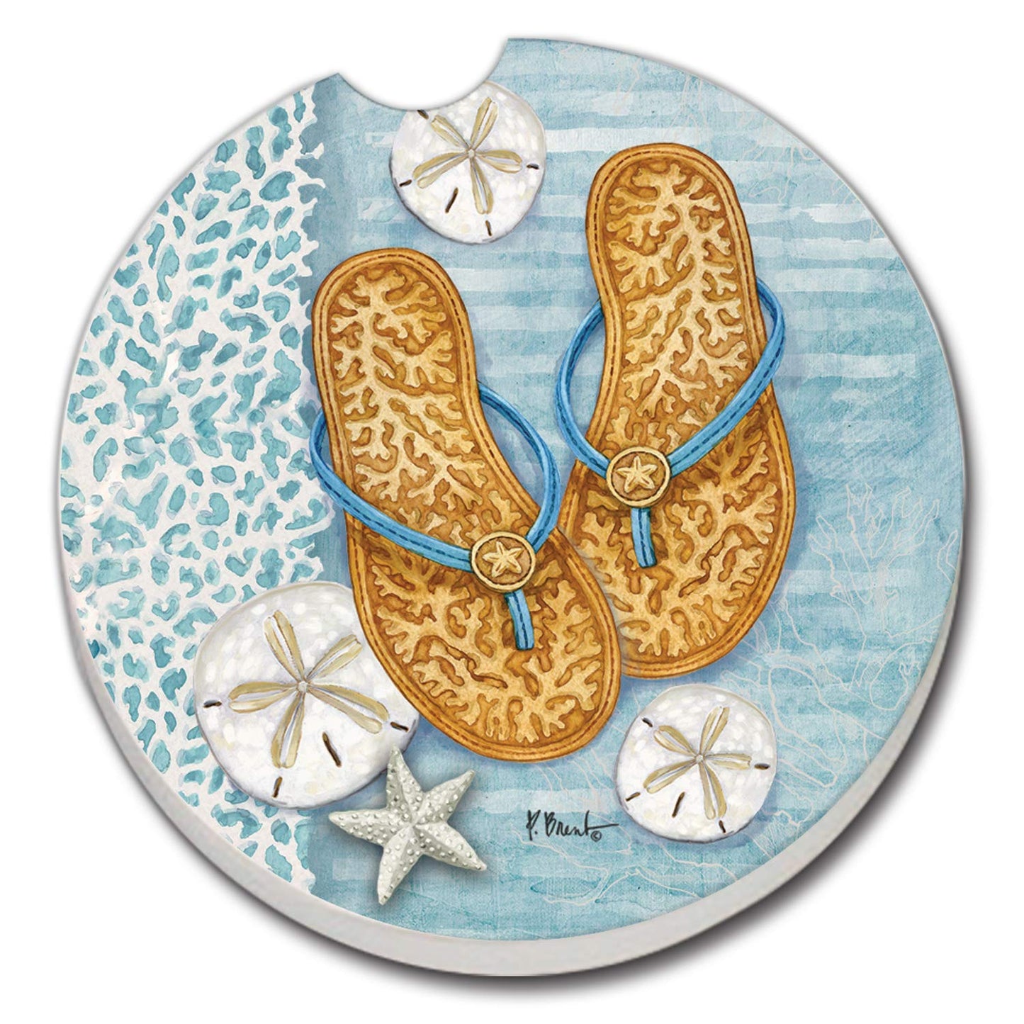 Thirstystone Key Largo Sandals Single Absorbent Stone Coaster for Vehicle Cup Holder 2.6” Diameter Manufactured in The USA