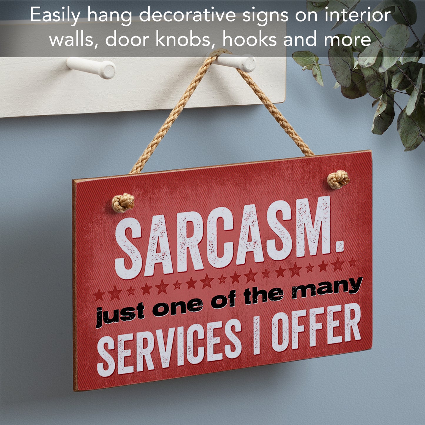 CounterArt Sarcasm Decorative Hanging Wood Wall Sign 9.5” x 5.75” Made in the USA Features Braided Rope Hanger