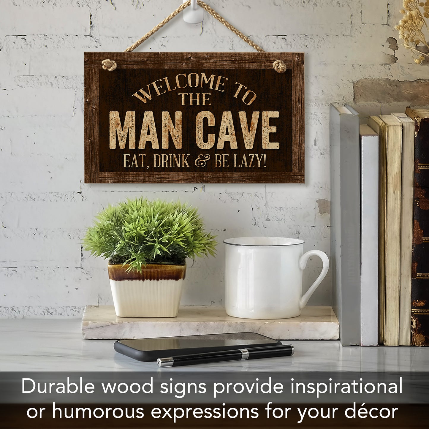 CounterArt Man Cave Decorative Hanging Wood Wall Sign 9.5” x 5.75” Made in the USA Features Braided Rope Hanger