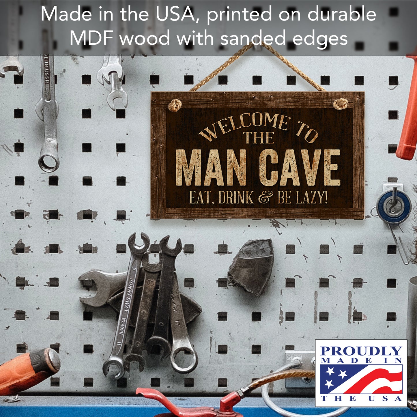 CounterArt Man Cave Decorative Hanging Wood Wall Sign 9.5” x 5.75” Made in the USA Features Braided Rope Hanger