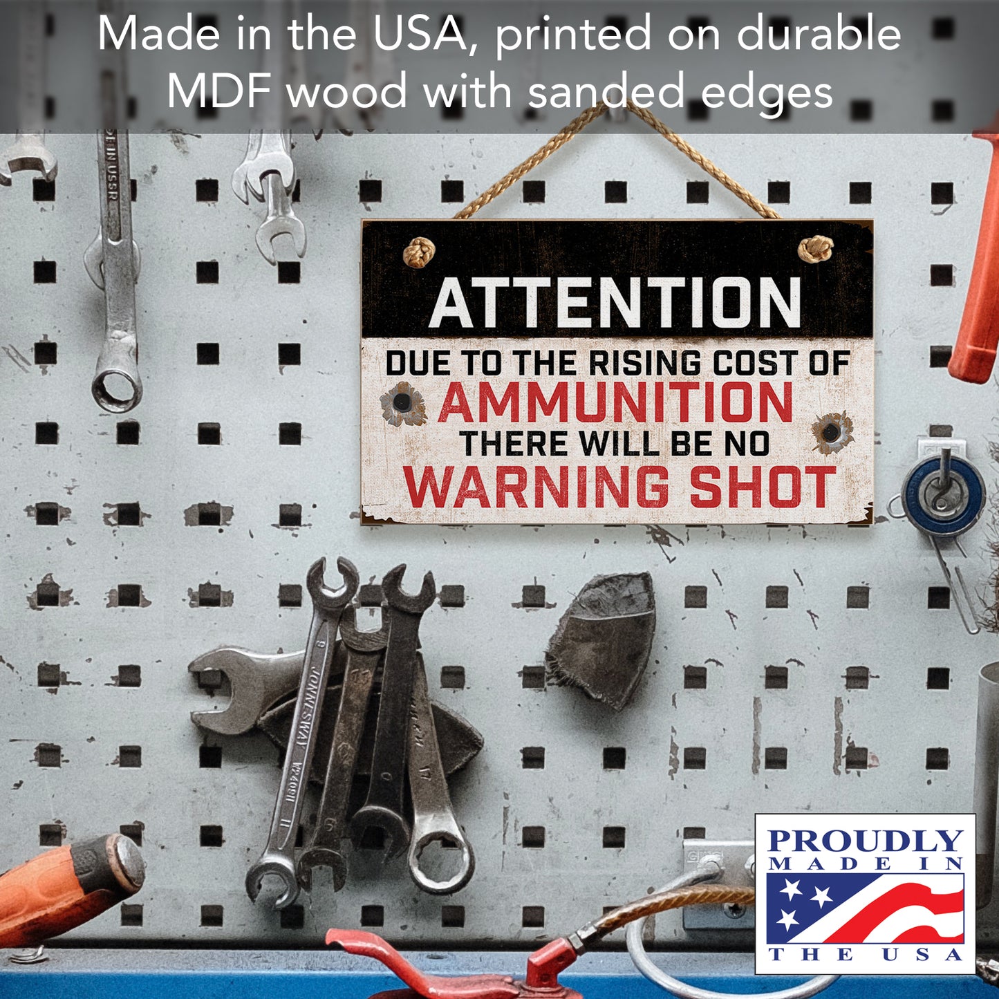 CounterArt Rising Cost Of Ammo Decorative Hanging Wood Wall Sign 9.5” x 5.75” Made in the USA Features Braided Rope Hanger