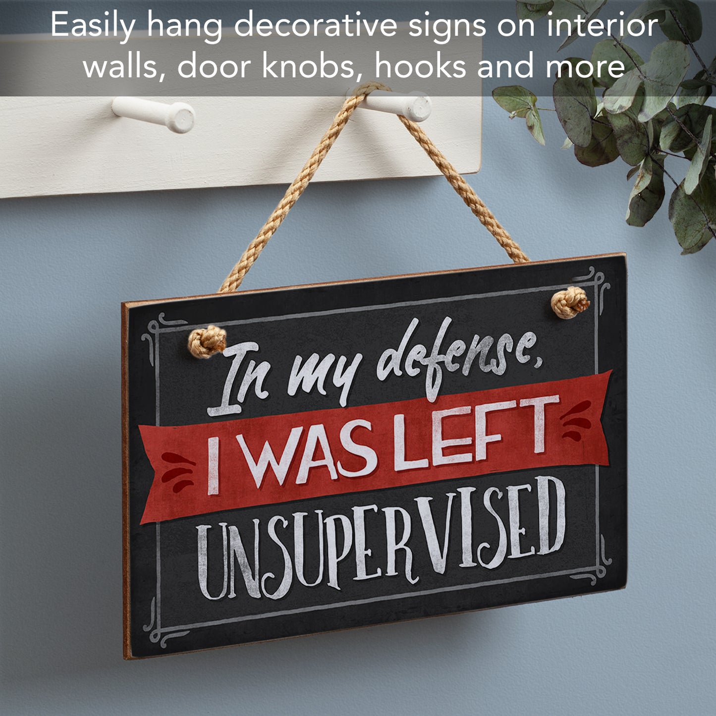 CounterArt Unsupervised Decorative Hanging Wood Wall Sign 9.5” x 5.75” Made in the USA Features Braided Rope Hanger