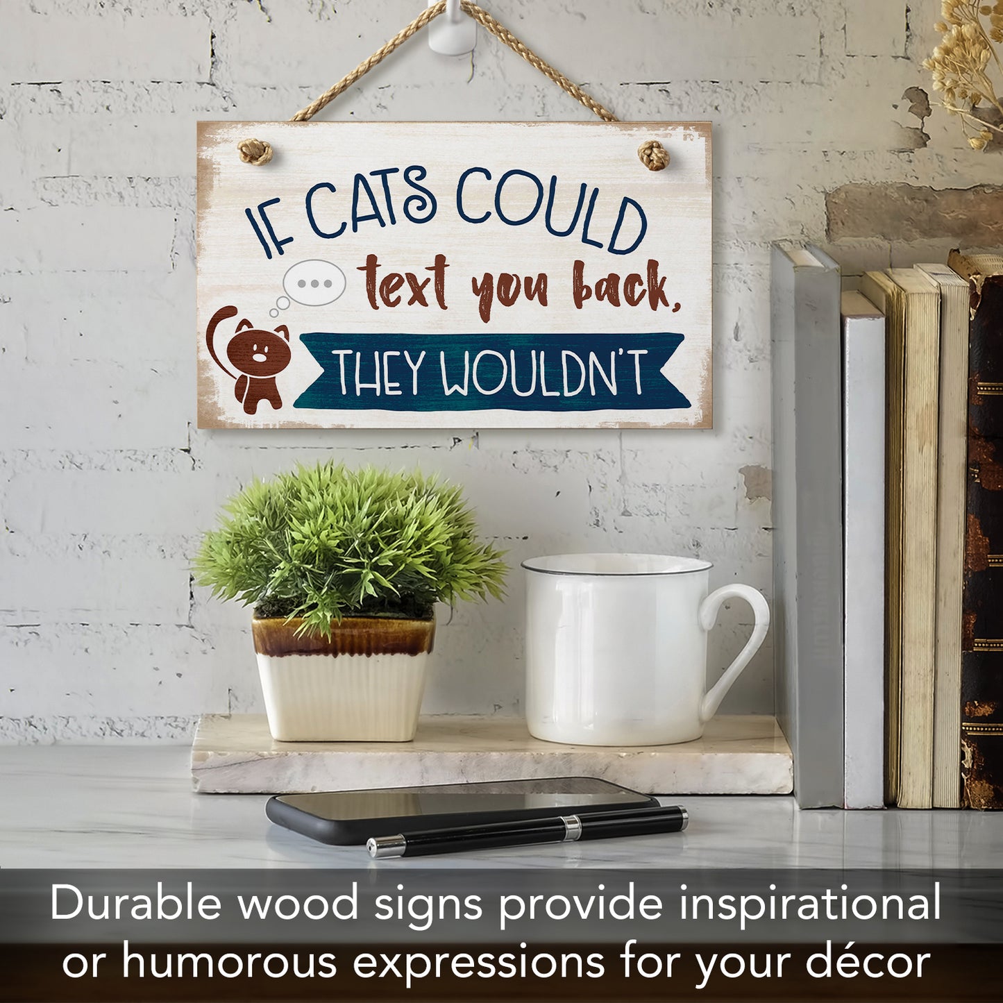 Highland Woodcrafters CounterArt If Cats Could Text Humorous Hanging Wood Wall Sign 9.5” by 5.75” Made in the USA Features Braided Rope Hanger
