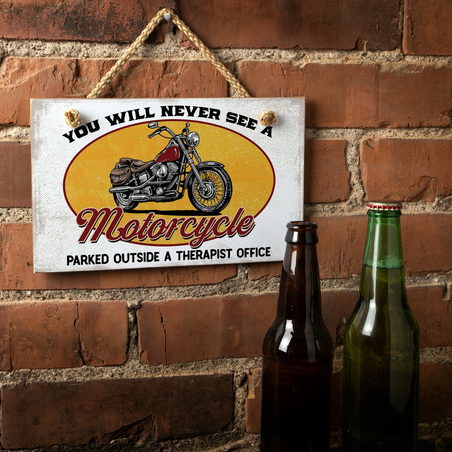 CounterArt Never See A Motorcyle Decorative Hanging Wood Wall Sign 9.5” x 5.75” Made in the USA Features Braided Rope Hanger