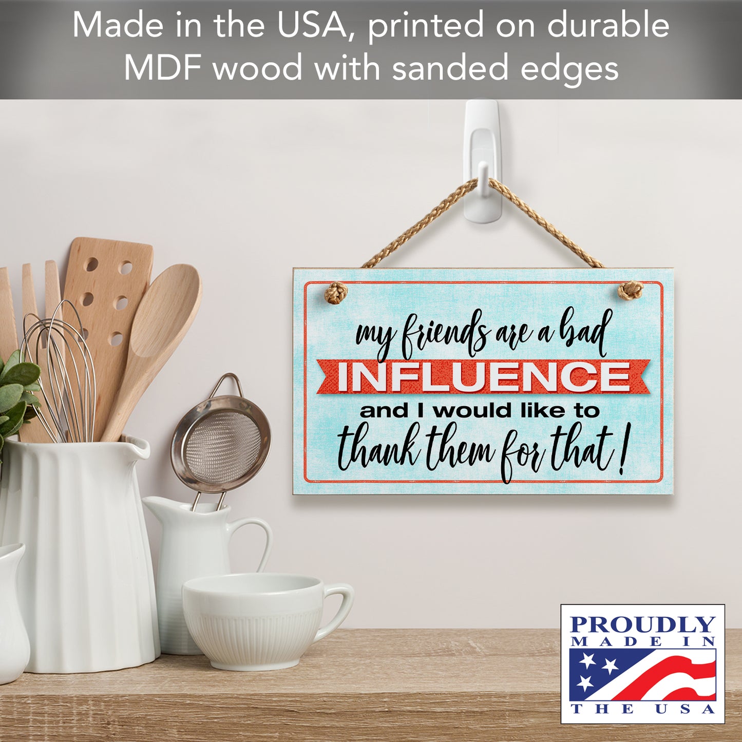 Friends Are Bad Influence Humorous Hanging Wood Wall Sign 9.5" x 5.75" Made in the USA