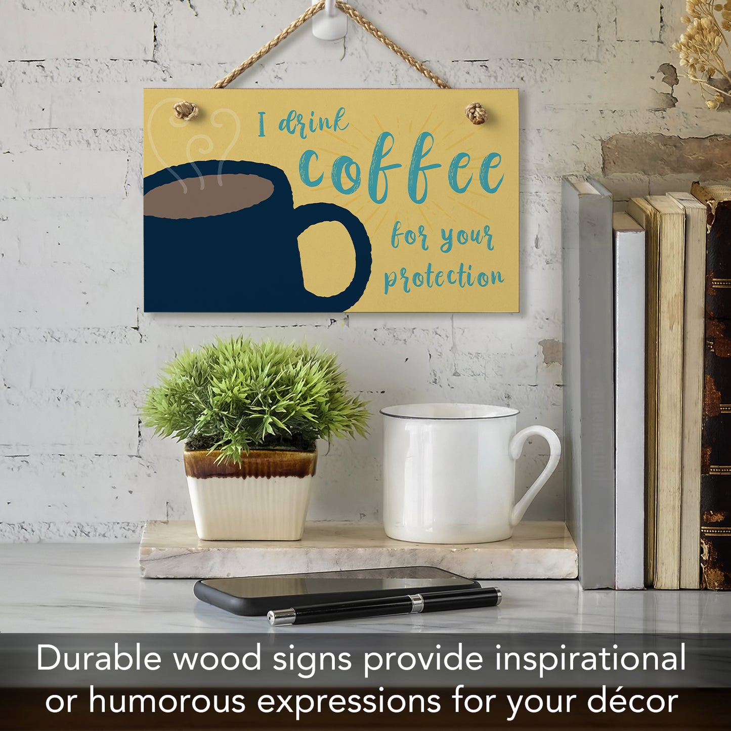 CounterArt "I Drink Coffee For Your Protection" Humorous Hanging Wood Wall Sign with Braided Rope Hanger 9.5" x 5.75" Made in the USA
