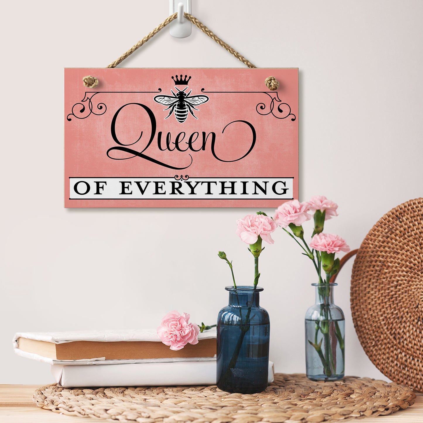 CounterArt Queen Of Everything Decorative Hanging Wood Wall Sign 9.5” x 5.75” Made in the USA Featured Braided Rope Hanger