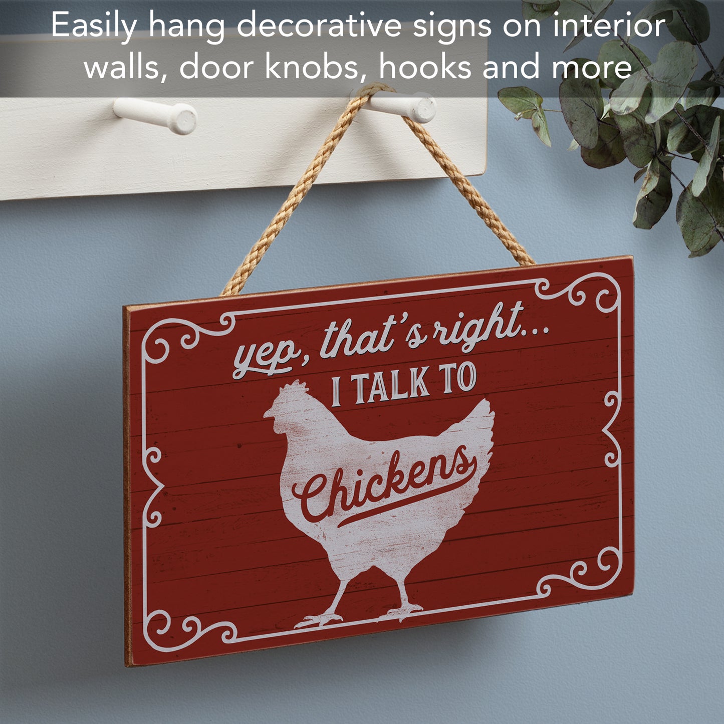 CounterArt I Talk To Chickens Decorative Hanging Wood Wall Sign 9.5" by 5.75" Made in the USA Features Braided Rope Hanger