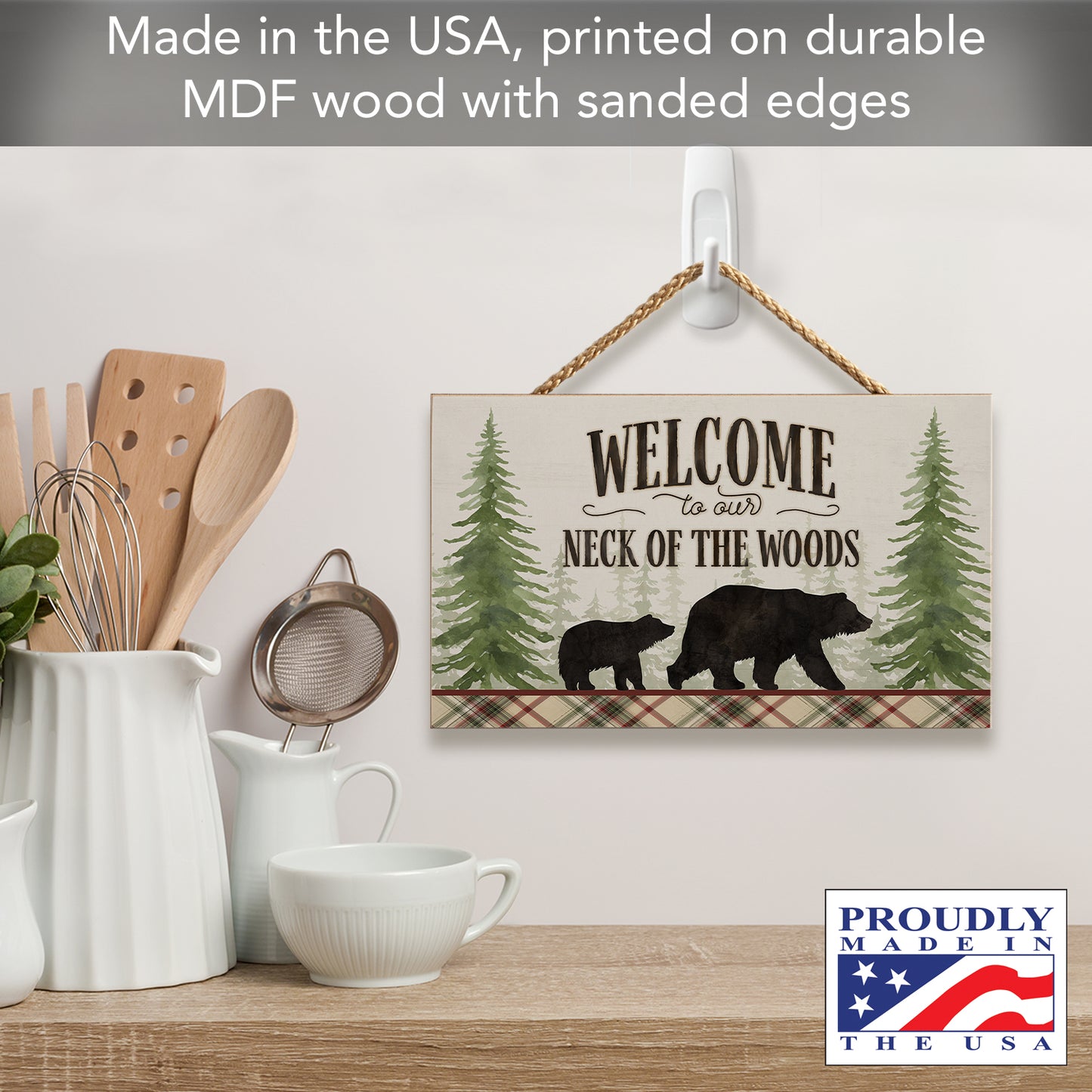 CounterArt Neck of The Woods Hanging Wood Wall Sign with Braided Rope Hanger 9.5” by 5.75” Made in the USA