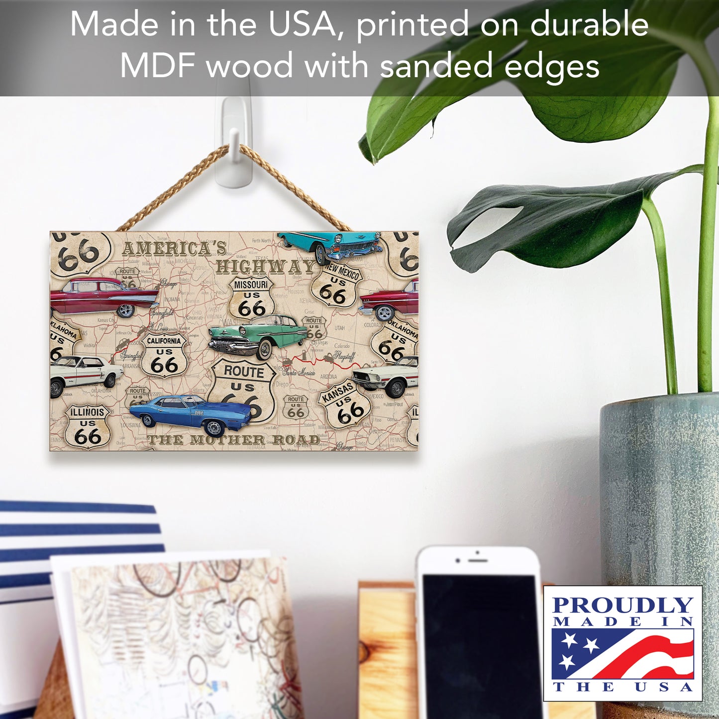 CounterArt Route 66 Map Decorative Hanging Wood Sign 9.5” by 5.75” Made in the USA Includes Attractive Braided Rope Hanger