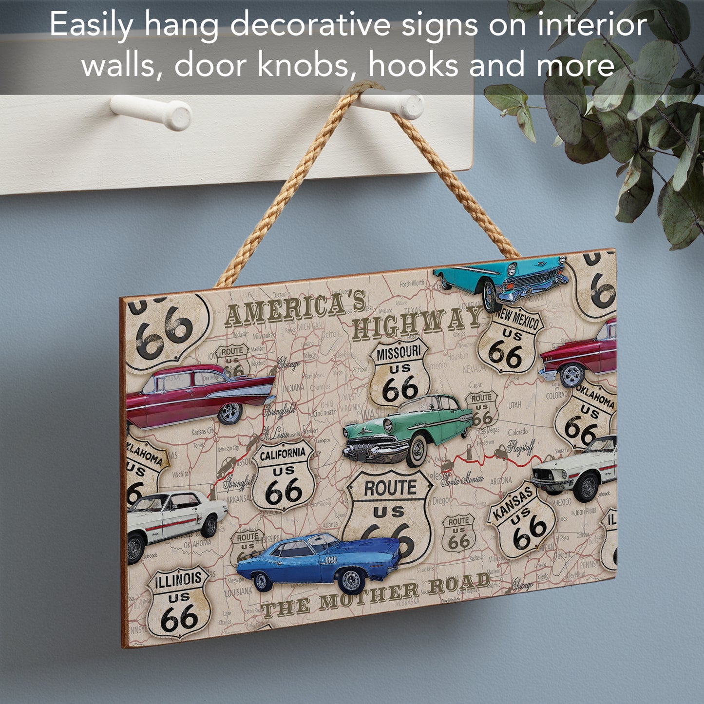 CounterArt Route 66 Map Decorative Hanging Wood Sign 9.5” by 5.75” Made in the USA Includes Attractive Braided Rope Hanger
