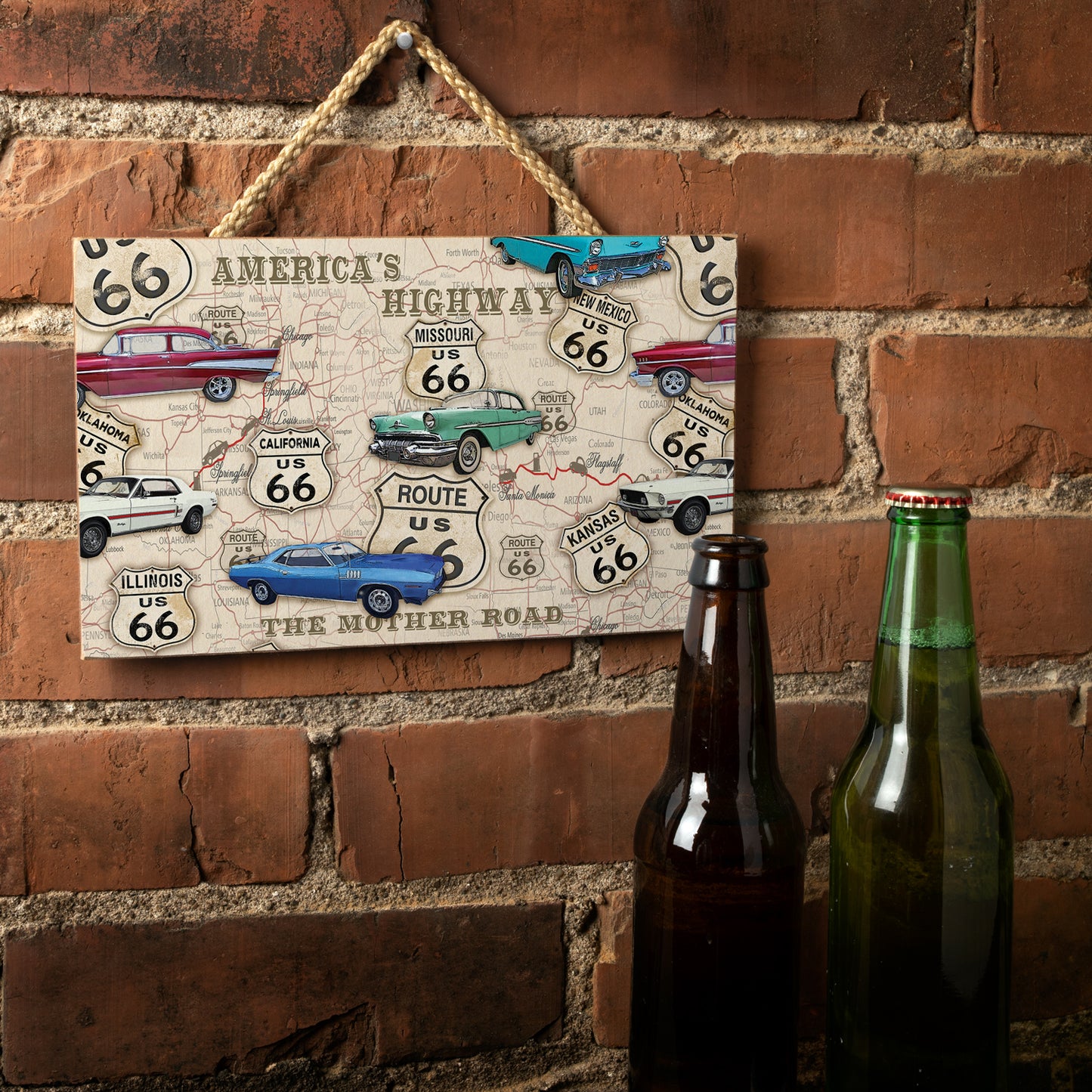 CounterArt Route 66 Map Decorative Hanging Wood Sign 9.5” by 5.75” Made in the USA Includes Attractive Braided Rope Hanger