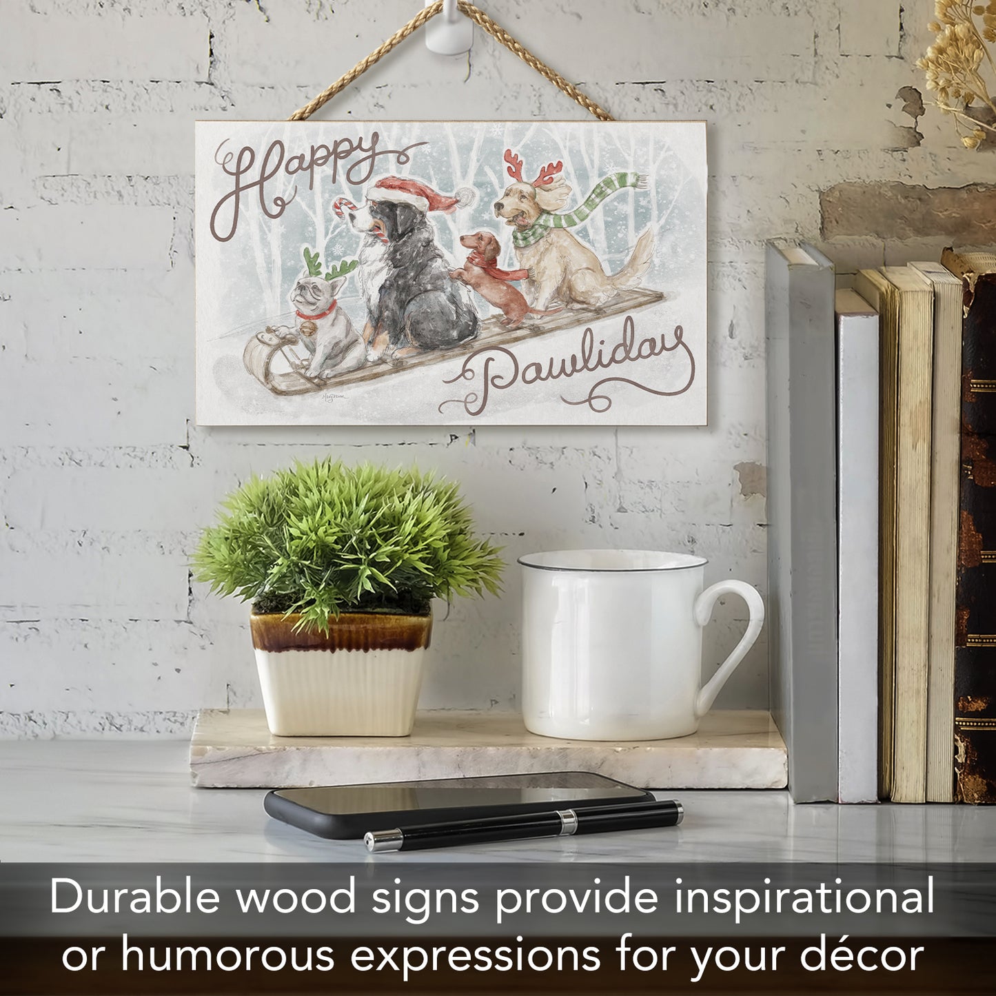 CounterArt Happy Pawliday Decorative Hanging Wood Sign 9.5” by 5.75” Made in the USA Features Braided Rope Hanger
