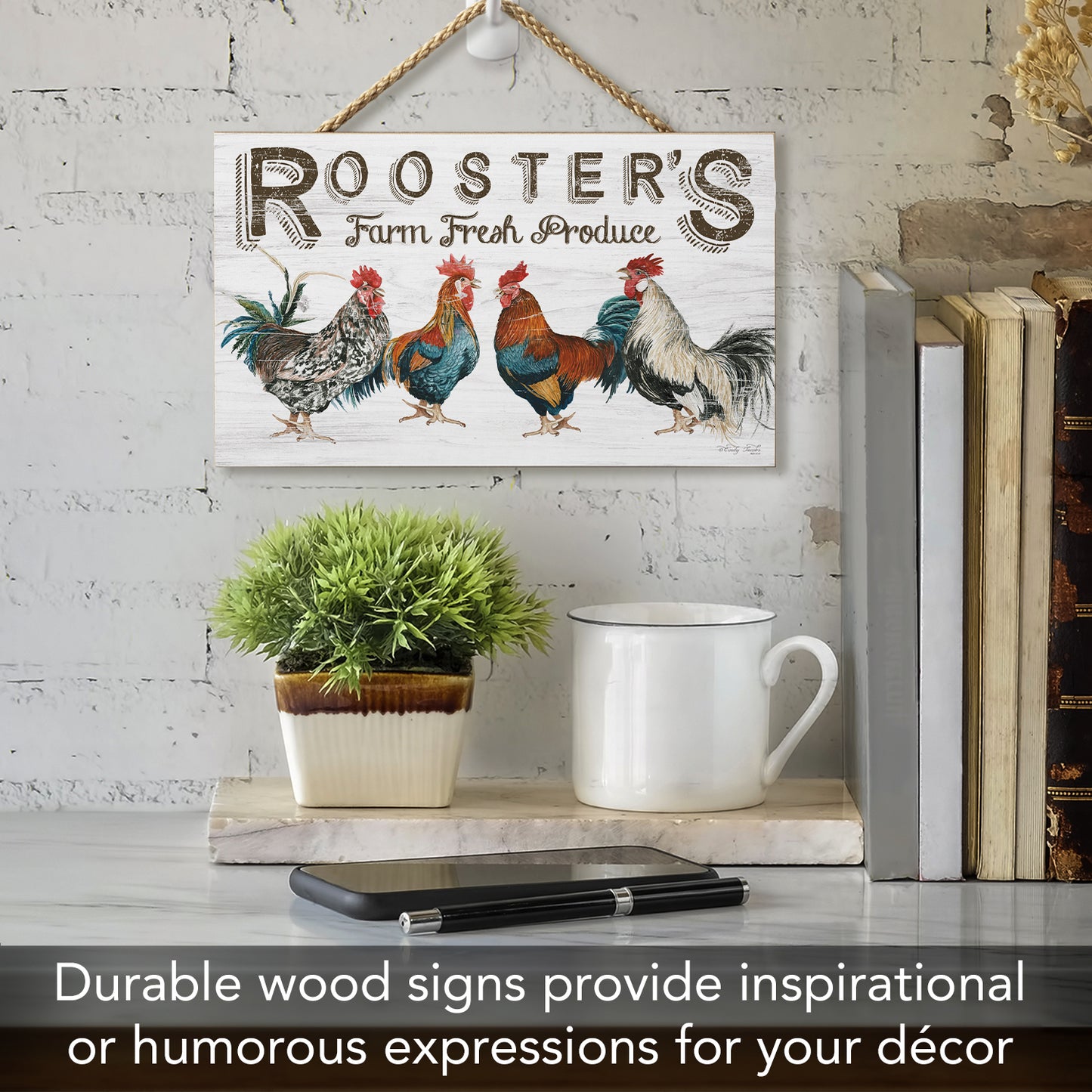 CounterArt Farm Fresh Decorative Hanging Wood Wall Sign 9.5” by 5.75” Made In the USA Features Braided Rope Hanger