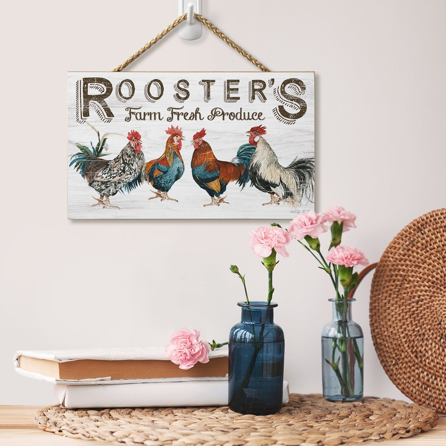 CounterArt Farm Fresh Decorative Hanging Wood Wall Sign 9.5” by 5.75” Made In the USA Features Braided Rope Hanger