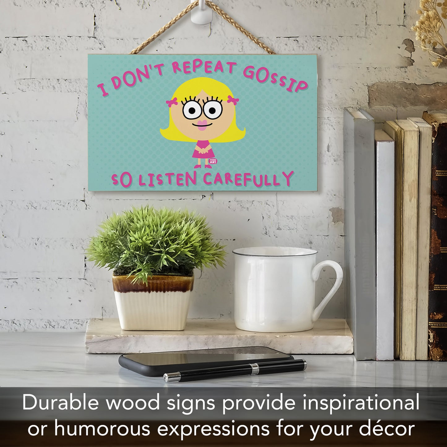 CounterArt Repeat Gossip Humorous Hanging Wood Wall Sign 9.5” by 5.75” Made in the USA Features Braided Rope Hanger