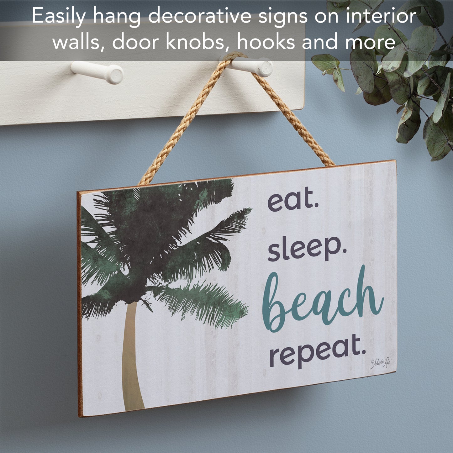 CounterArt Beach Repeat Decorative Hanging Wood Sign 9.5” by 5.75” Features Braided Rope Hanger