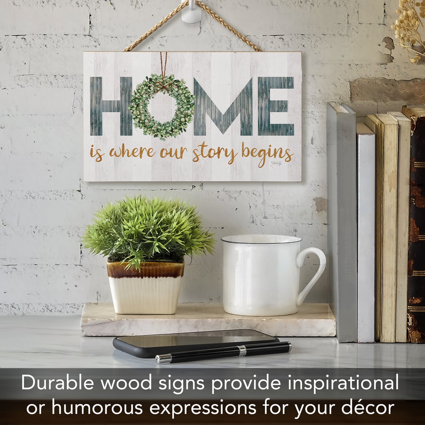 CounterArt Story Begins Decorative Hanging Wood Wall Sign 9.5” by 5.75” Made in the USA Features Braided Rope Hanger