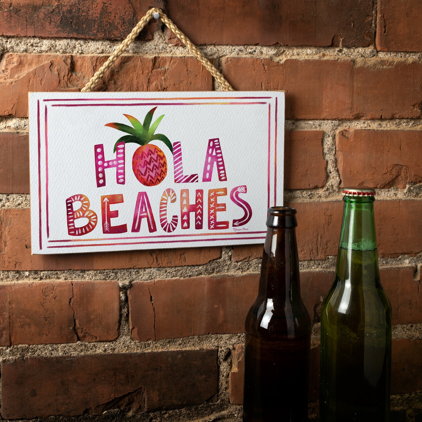 CounterArt Hola Beaches Decorative Hanging Wood Sign 9.5” by 5.75” Made in the USA Features Braided Rope Hanger
