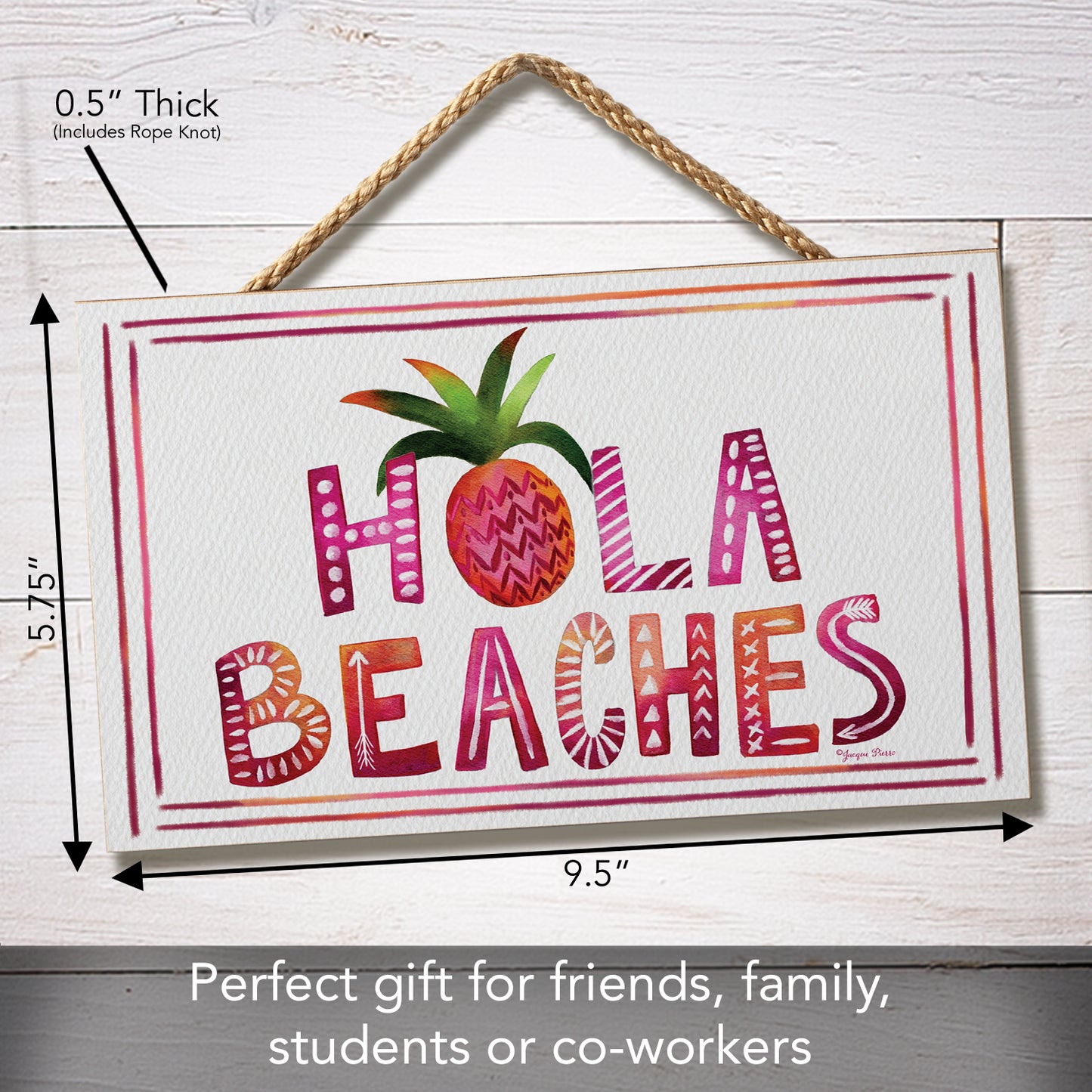 CounterArt Hola Beaches Decorative Hanging Wood Sign 9.5” by 5.75” Made in the USA Features Braided Rope Hanger