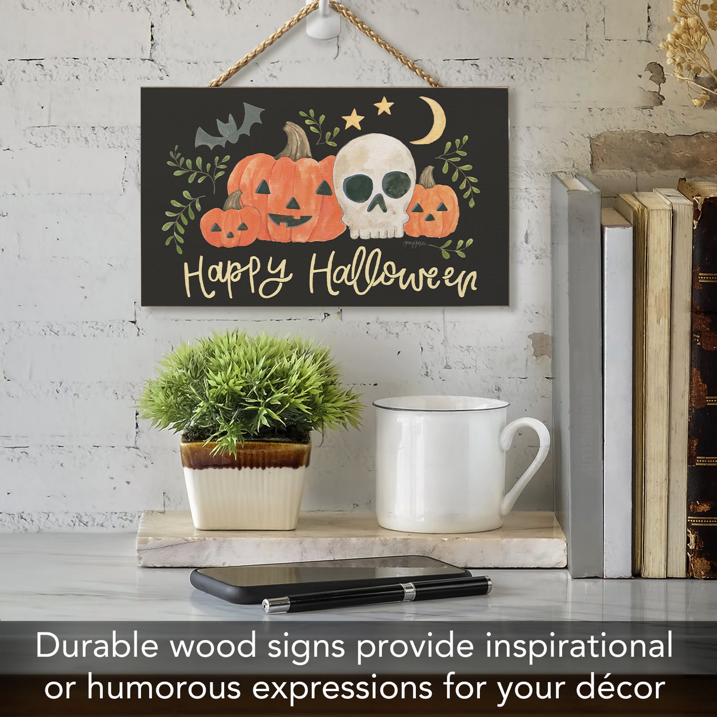 CounterArt Spooky Halloween Season Hanging Wood Wall Sign 9.5” by 5.75” Made in the USA Features Braided Rope Hanger