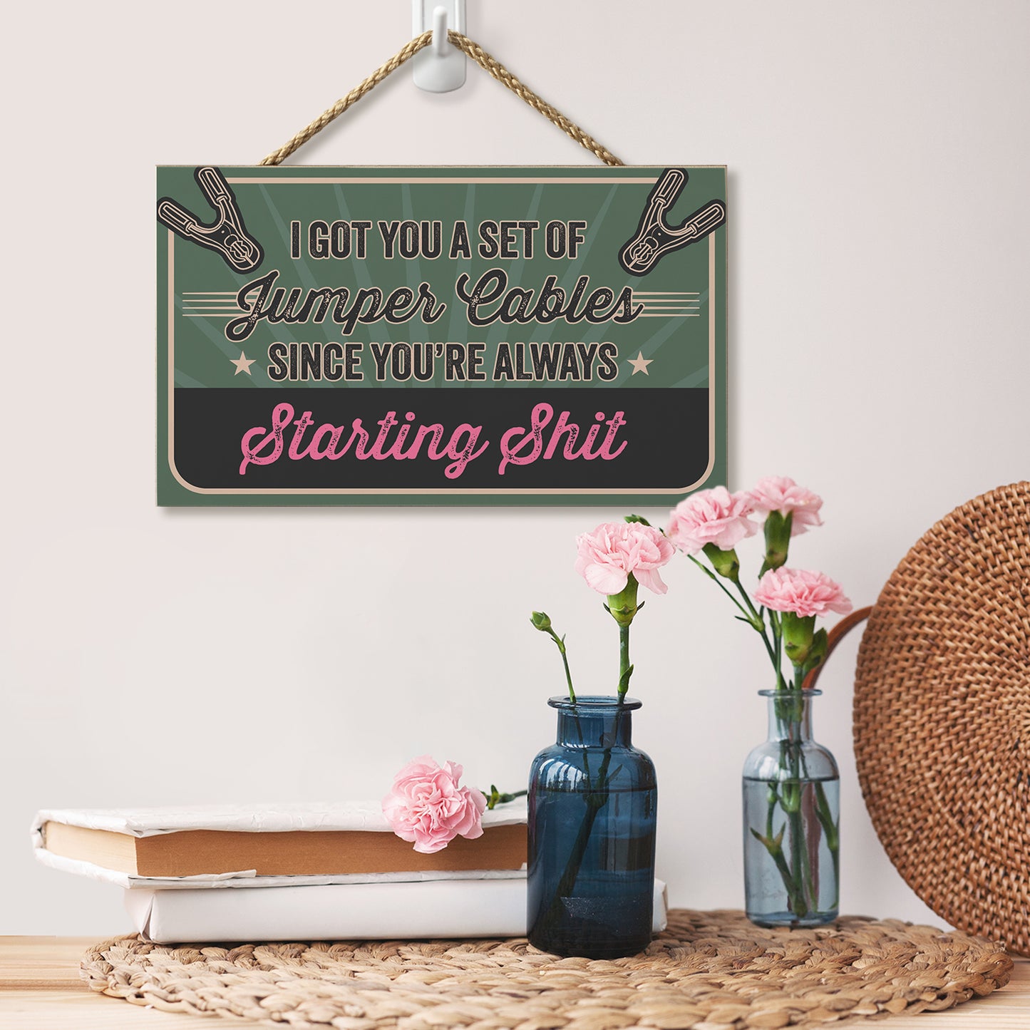 CounterArt Got You Jumper Cables Decorative Hanging Wood Wall Sign 9.5” by 5.75” Made in the USA Features Braided Rope Hanger