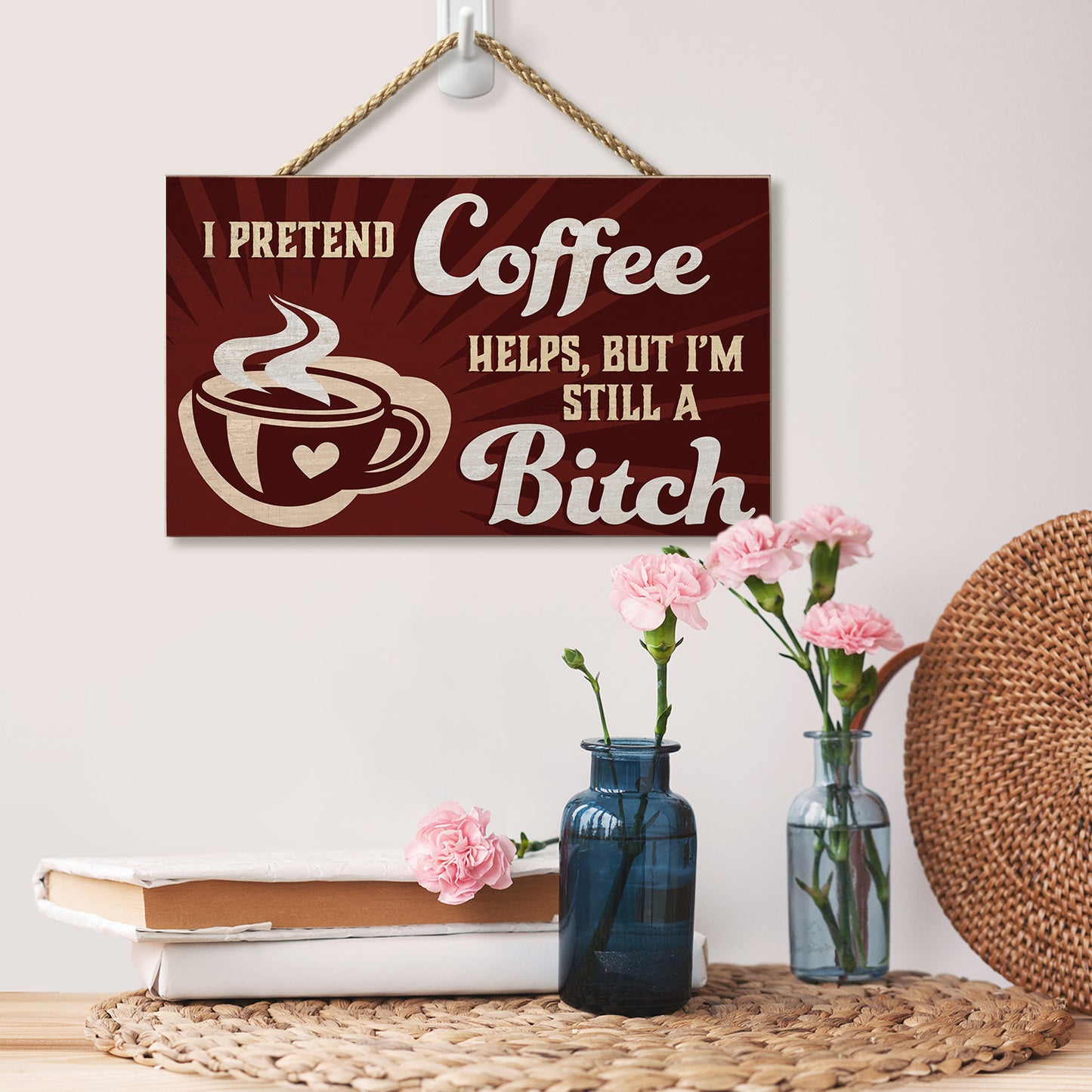 CounterArt I Pretend Decorative Hanging Wood Wall Sign 9.5” by 5.75” Made in the USA Features Braided Rope Hanger