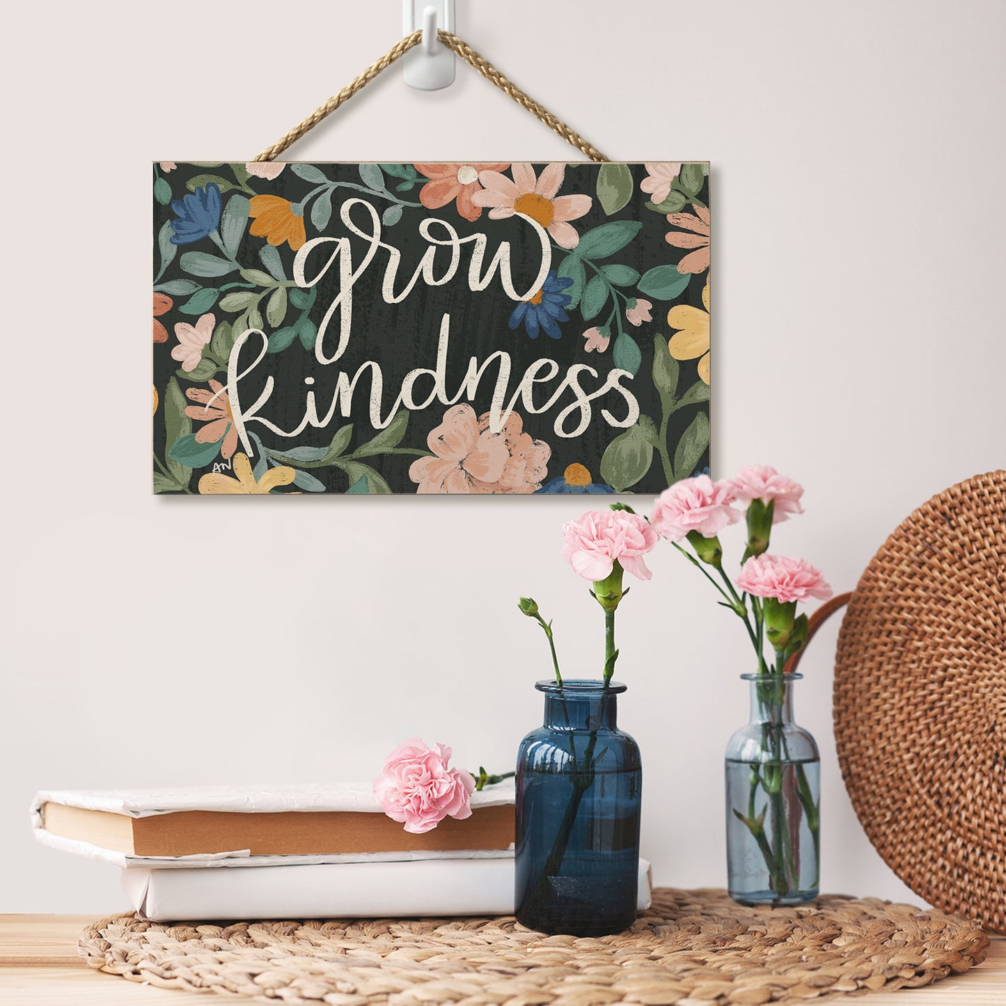 Highland Home Grow Kindness Decorative Hanging Wood Sign 9.5” by 5.75” Made in the USA Features Braided Rope Hanger
