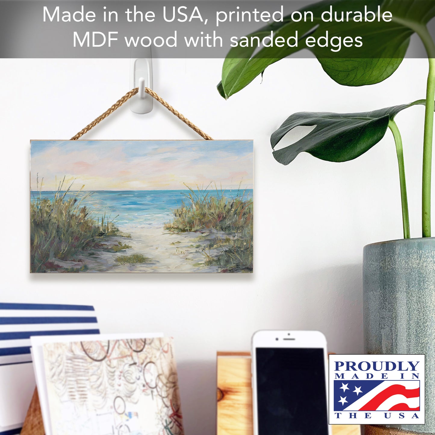 CounterArt Beach Walk Decorative Hanging Wood Wall Sign 9.5” by 5.75” Made in the USA Features Braided Rope Hanger
