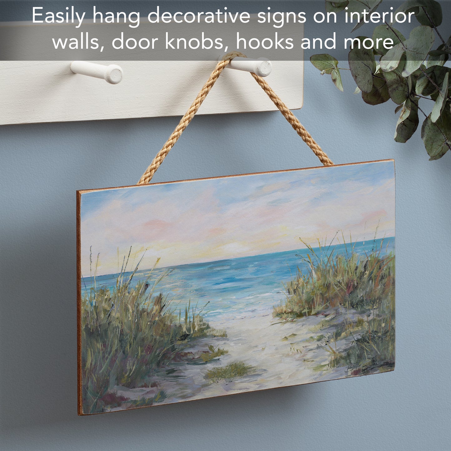 CounterArt Beach Walk Decorative Hanging Wood Wall Sign 9.5” by 5.75” Made in the USA Features Braided Rope Hanger